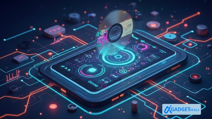 “Digital illustration showing a CD hovering over a high-tech smartphone interface with neon circuits, symbolizing CD to iPhone media transfer.”