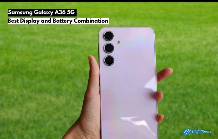 Samsung Galaxy A36 5G smartphone held in hand with glossy pastel finish and triple camera setup, highlighting strong display and battery performance among best Samsung phones under $500