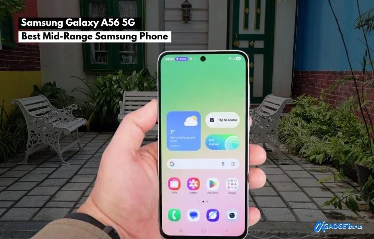 Samsung Galaxy A56 5G smartphones in black, mint, and white colors held in hand, featuring triple camera setup and sleek design, a top choice among best Samsung phones under $500